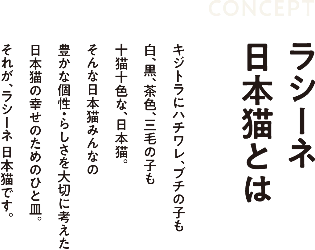 ラシーネ日本猫とは キジトラにハチワレ、ブチの子も 白、黒、茶色、三毛の子も 十猫十色な、日本猫。 そんな日本猫みんなの 豊かな個性・らしさを大切に考えた 日本猫の幸せのためのひと皿。それが、ラシーネ日本猫です。