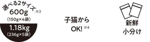 選べる2サイズ※3 600g(150g x 4袋)/1.18kg(236g x 5袋) 子猫からOK※4 新鮮小分け